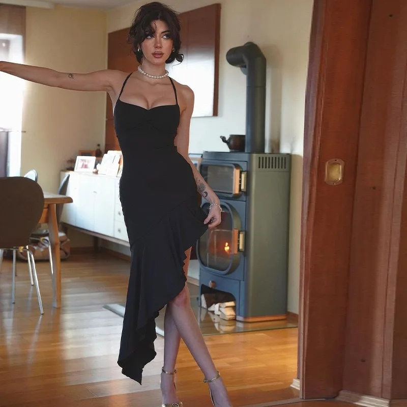 

2026 Spring Sexy Neck backless Cross Strap Slim Lotus Leaf pleated irregular party Dresses Vestido Plus Size 9XL 8XL 7XL 6XL