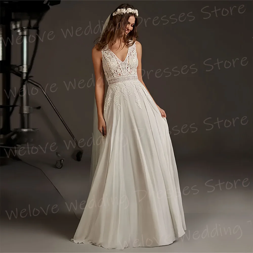 Romantic A Line Women's Wedding Dresses Charming V Neck Bride Gowns Lace Appliques Vestidos De Novia Boda Sleeveless Backless