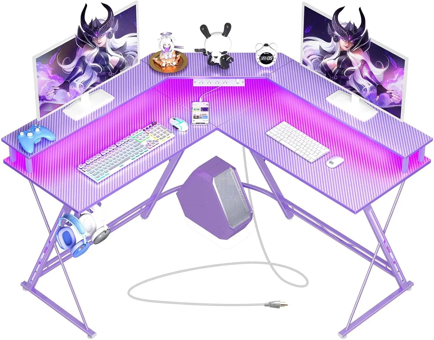 Gaming Desk 50.4” with LED Light & Power Outlets, L-Shaped Gaming Desk Carbon Fiber Surface with Monitor Stand,