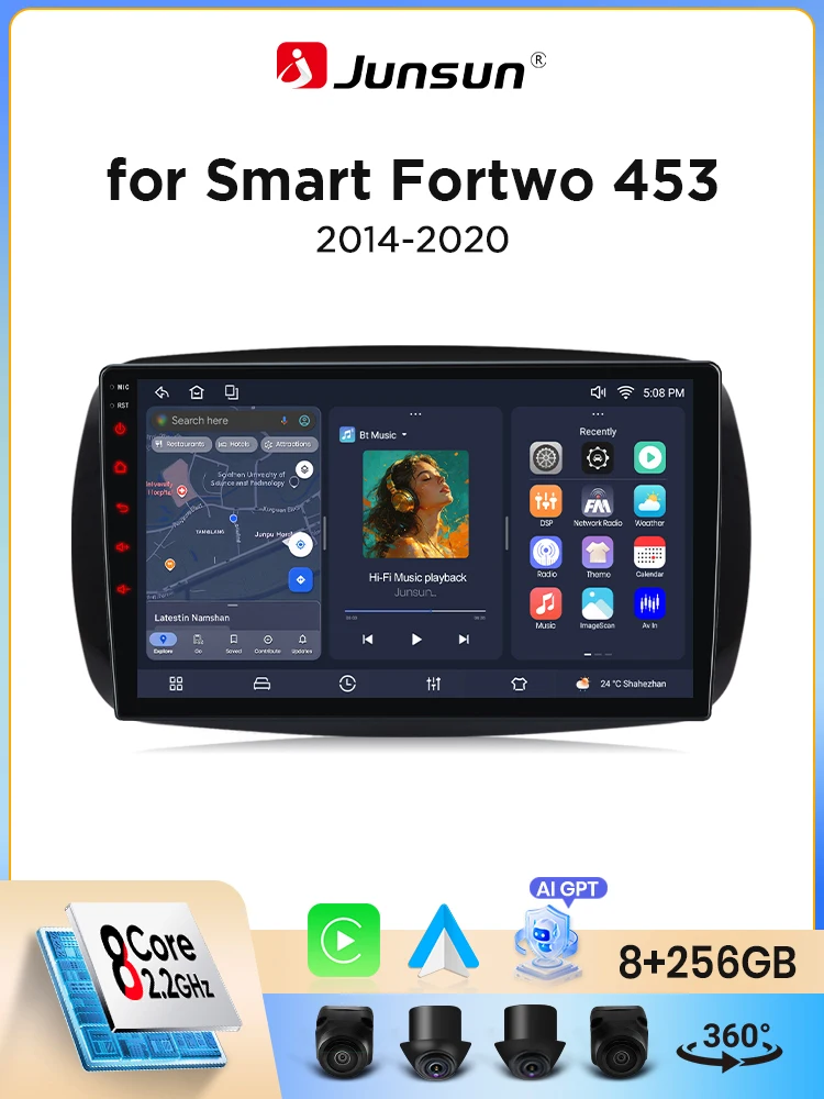 Junsun Android Auto Autoradio für Mercedes Benz Smart 453 Fortwo 2014 2015 2016-2020 Multimedia Wireless Apple CarPlay Intelligente Systeme IPS Touchscreen Stereo Videoplayer 2 Din Autoradio Head Unit
