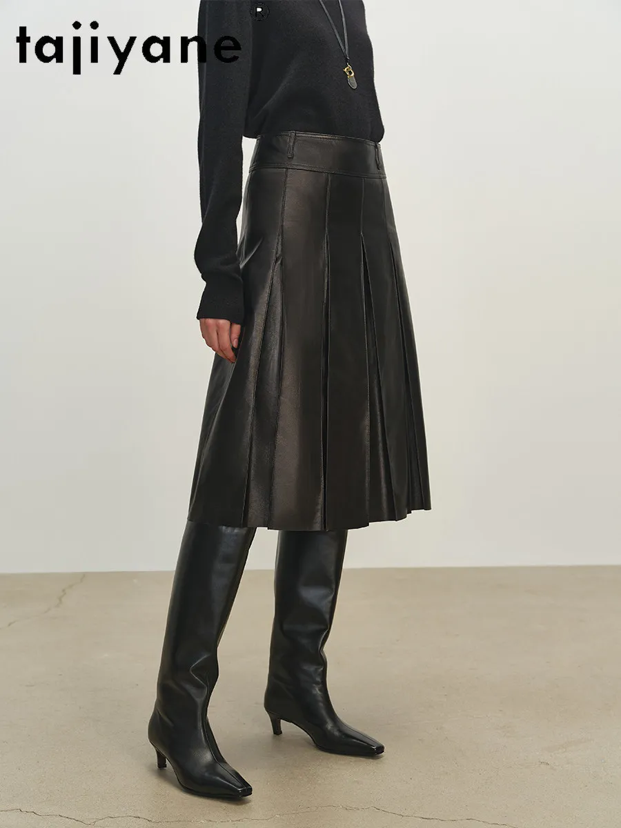 TAJIYANE 100% Real Sheepskin Midi Skirt for Woman Vintage A-line Pleated Genuine Leather Skirts Premium Spring Clothes 2026 юбка