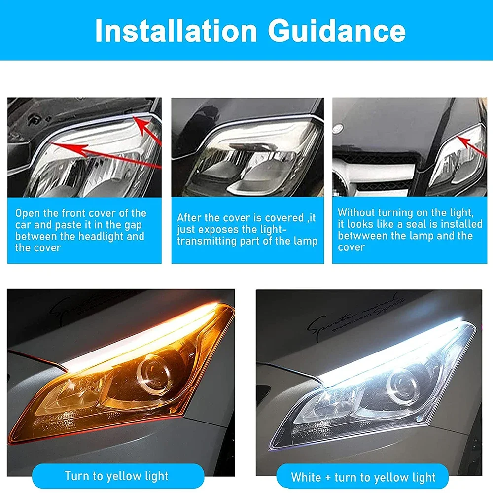 1PC LED DRL Car Daytime Running Light Flexible Waterproof Strip Auto Headlights White Turn Signal Yellow Brake Flow Lights 12V