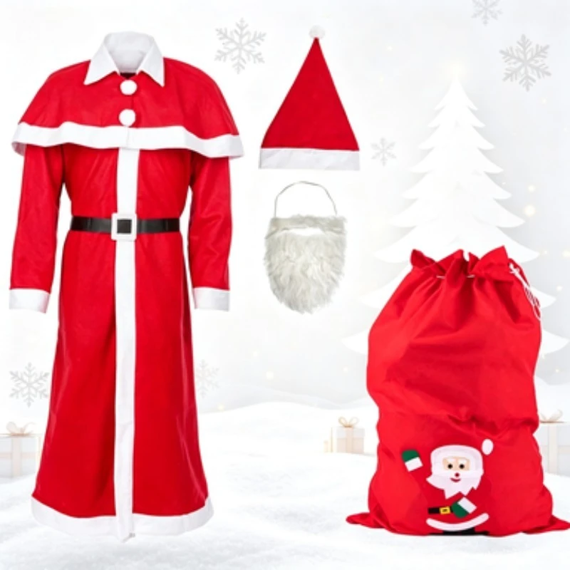 Disfraz de Papá Noel para adultos, atuendo para presentaciones teatrales navideñas, incluye sombrero, capa, túnica, cinturón y barba, conjunto completo para fiestas navideñas.