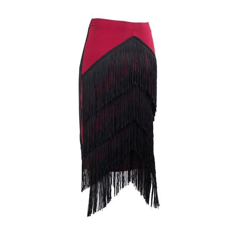 2023 Adult Women Latin Dance Tasse Skirt Lady Tasse L4 Layer Black Red V Fringed Dress Ballroom Stage Performance Dancewear