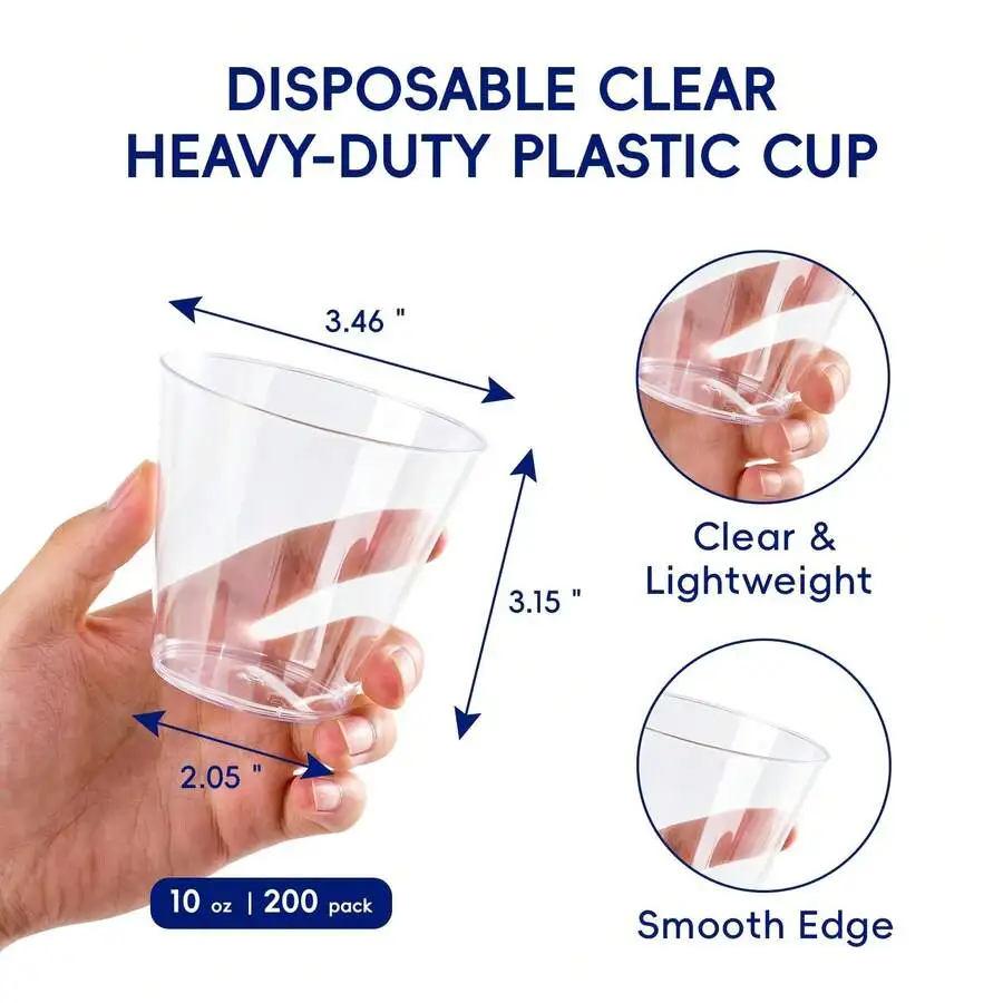 200 Count 10 Ounce Clear Heavy-Duty Disposable Plastic Tumblers, Crystal Clear Cocktail Cups For Wedding Reception, Thanksgiving