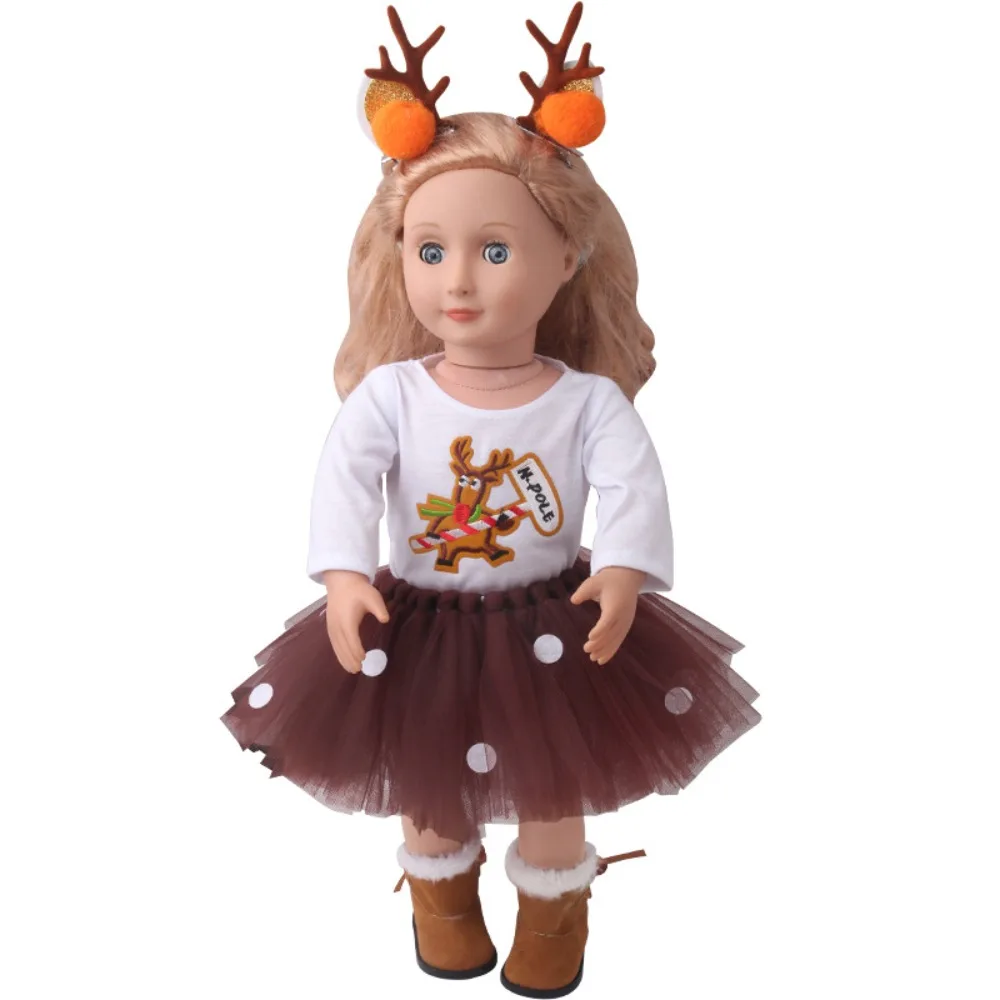 Christmas Suit American Doll Clothes Two Elk Hairpins Dress Set Doll Clothes Christmas Cute Long Sleeved Doll Dresses 18 Inch