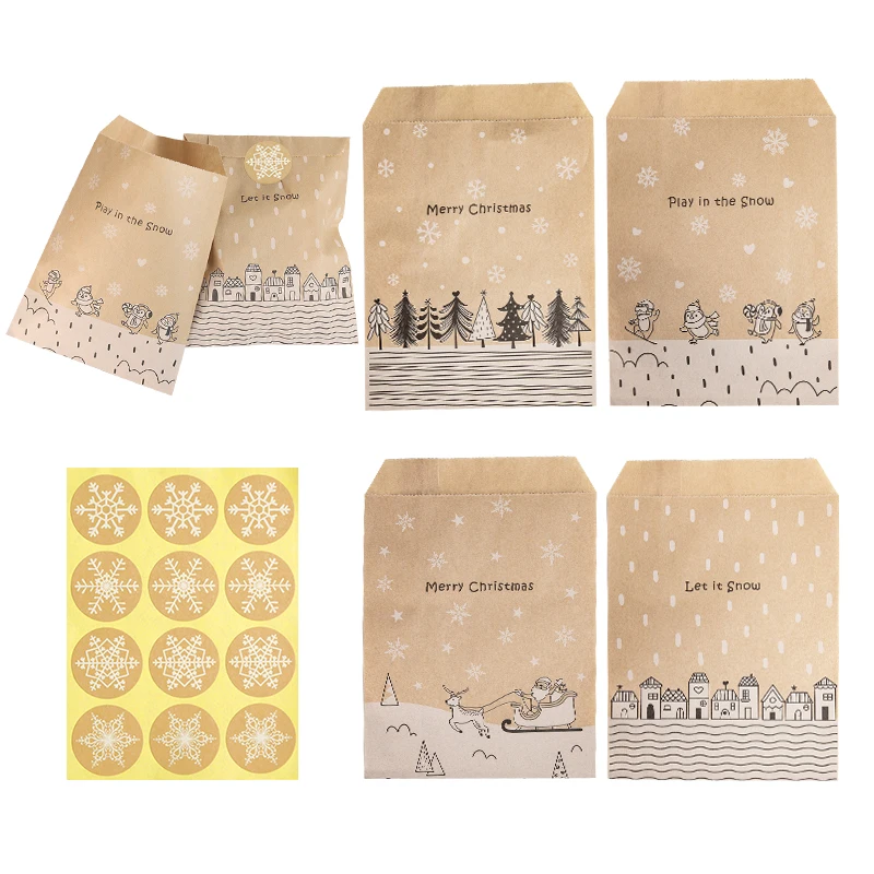 24Sets Vintage Christmas Kraft Paper Bags Let it Snow Candy Treat Bag with Stickers Advent Calendar Xmas Party Favor Gift Pouch