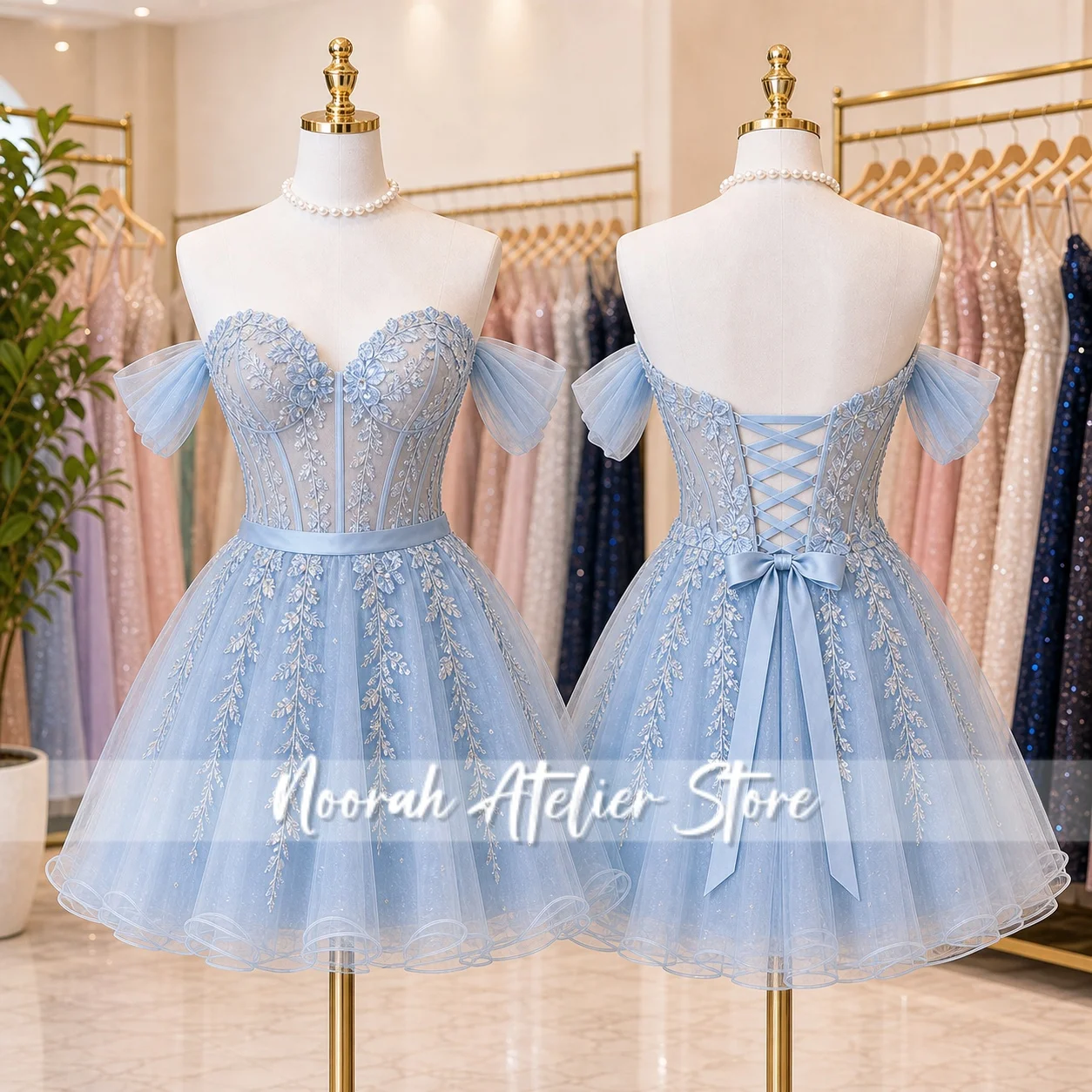 Light Blue Tulle Homecoming Dress Off Shoulder Embroidered Lace Corset Short Party Gown платье на выпускной короткое Customized
