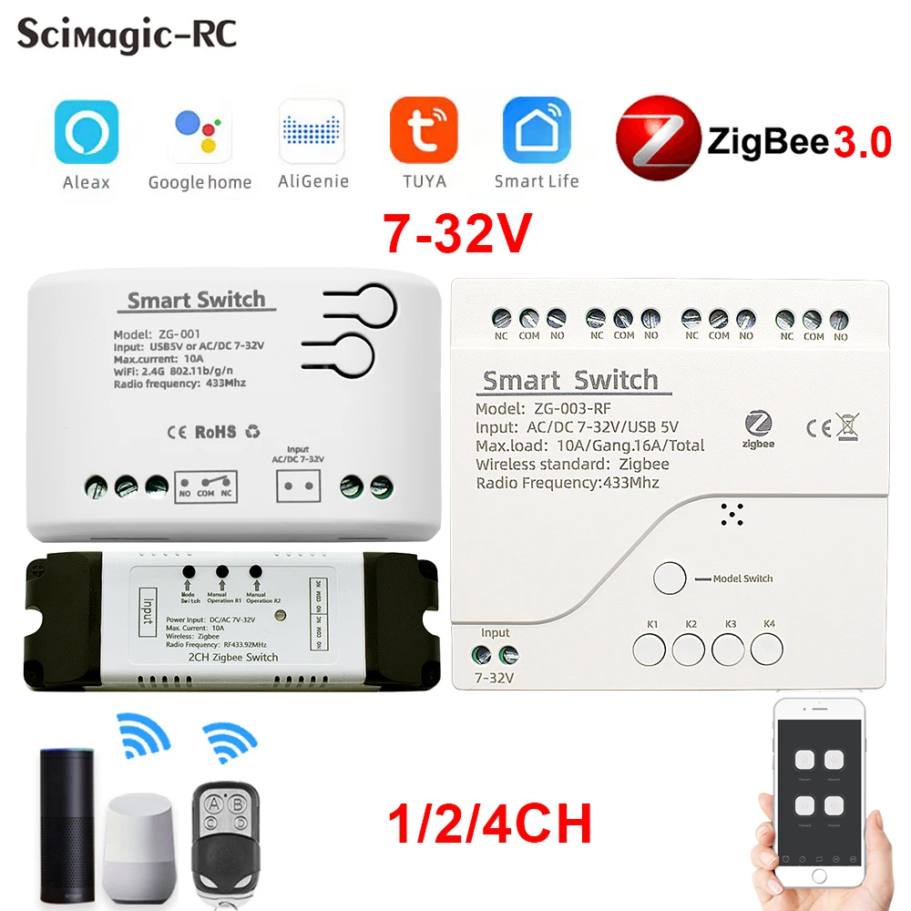 Zigbee 2CH RF 433MHz Smart Switch Receiver AC/DC7-32V AC85-250V 10A Relay Interlock Remote Control Switch For Garage Door Opener