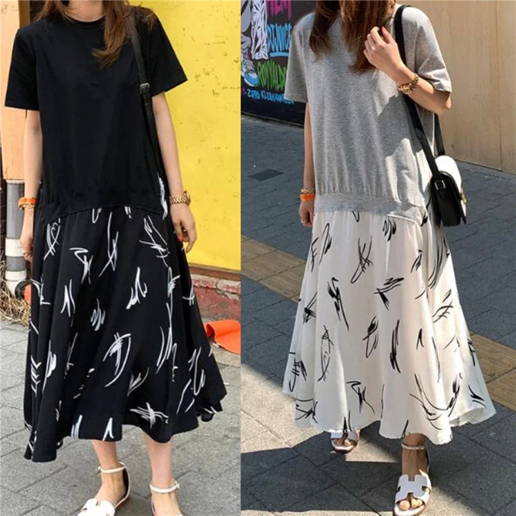 

Plus Size Women Dress Summer Casual Round Neck Short Sleeve Loose Fit Patchwork Print Flowy Maxi Dress Fashionable Trendy Design