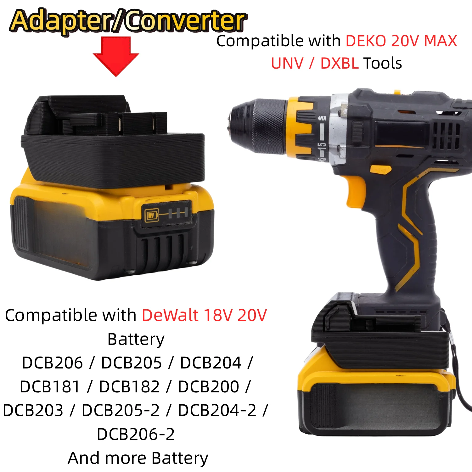 Brushless Cordless Electric Drill 18V - Battery Adapter/Converter for DeWalt 18V 20V