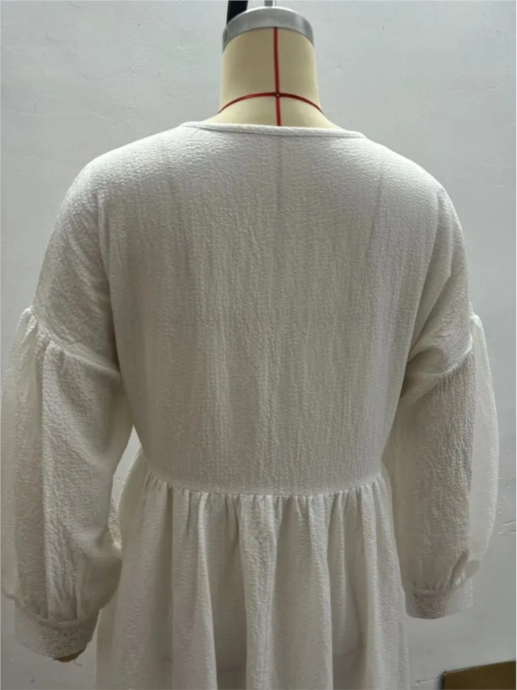 Sexy V Neck Lace Hollow Long Dresses Women Solid Loose Dress Casual Long Sleeve Vintage Beach Dresses New Vestidos Para Mujer