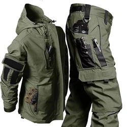 Tactical Wear-resistant 2 Pcs Sets Men Spring Multi-pocket Bomber Jacket+ Cargo Pant Suit Military Waterproof Outdoor Combat Set