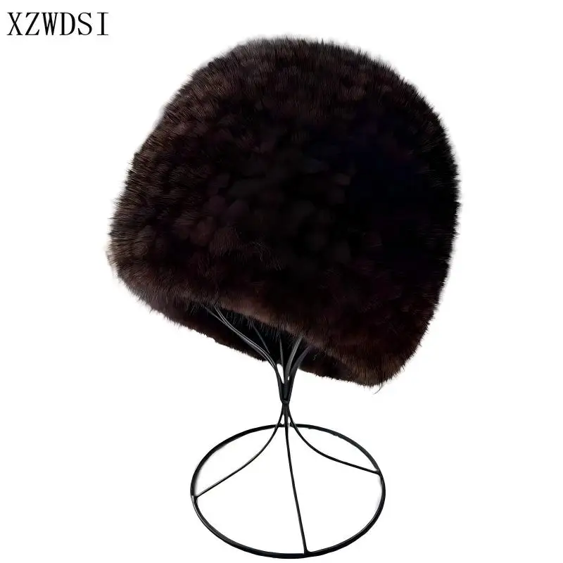 

Шапка из натурального норкового меха для женщин, зимние меховые шапки, роскошные шапки, женские вязаные шапки