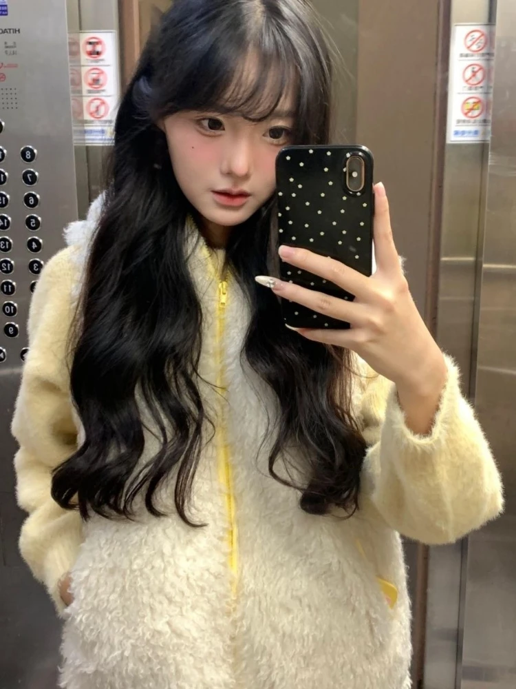 Y2k Estético Casual Casacos Sem Mangas Harajuku Mulheres Zíper ​ ​ Casaco de lã de cordeiro com orelhas de urso fofas jaqueta colete com capuz