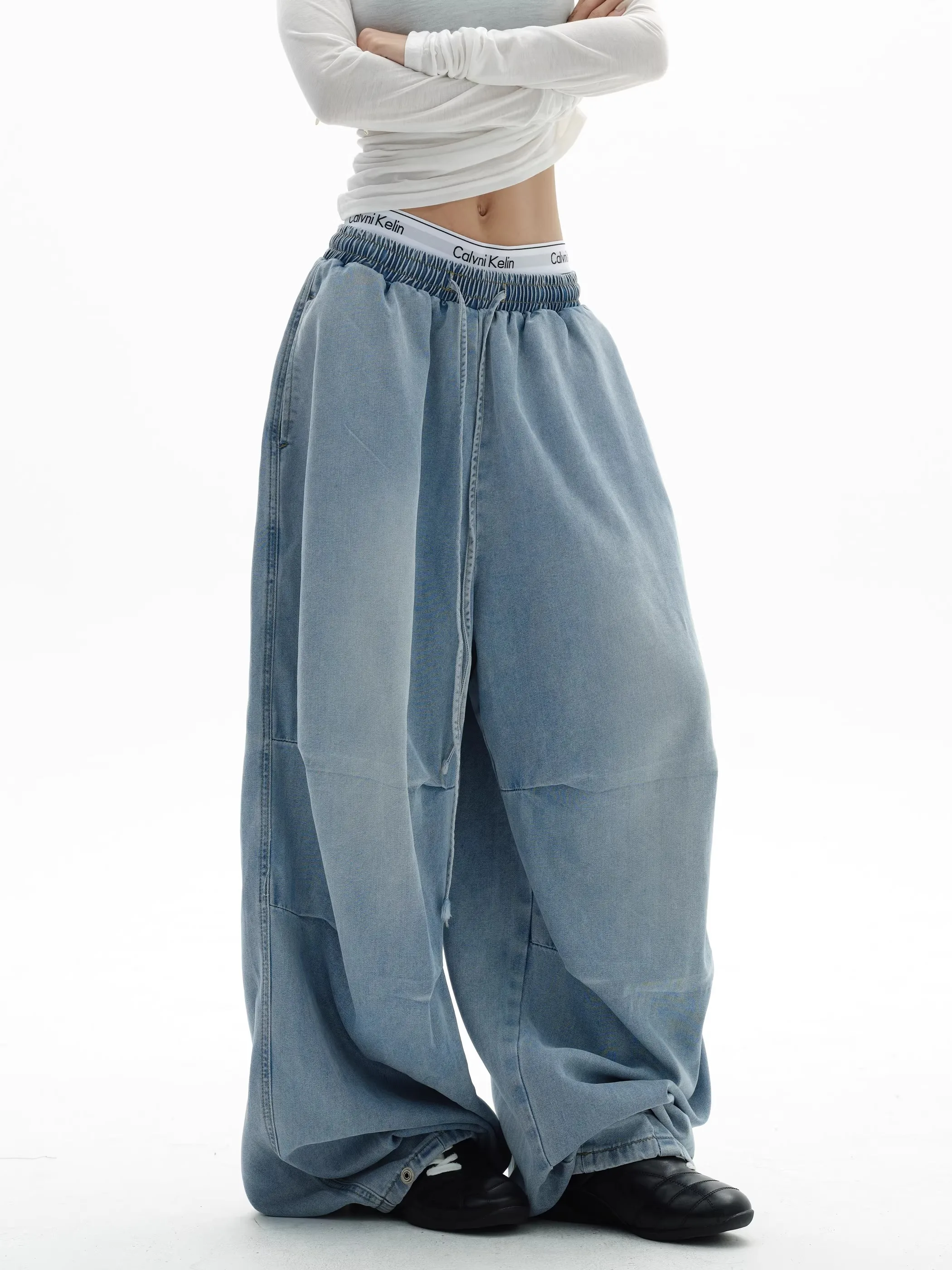 American Retro Drawstring Elastic Waist Jeans Men Women Simple Loose Dancing Casual Washed Light Blue Long Pants