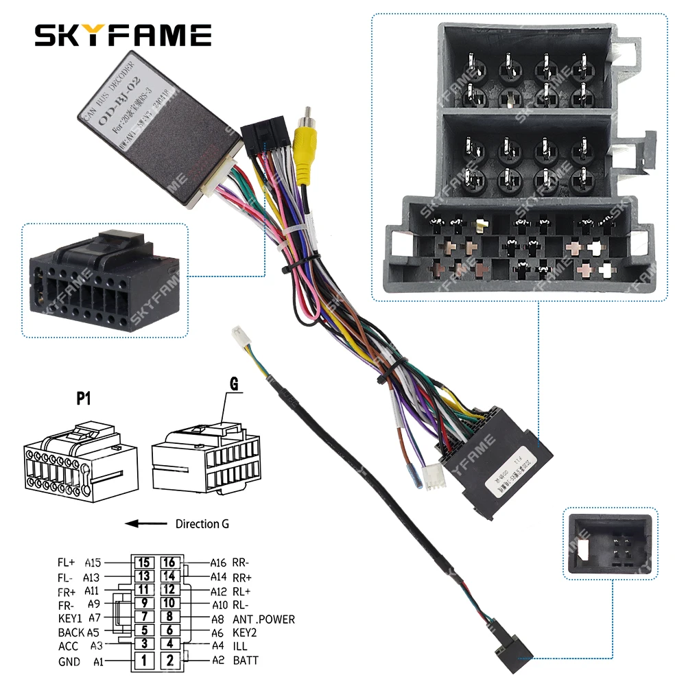SKYFAME Car 16pin Wiring Harness Adapter Canbus Box Decoder Android Radio Power Cable For Baojun RS-3 RS3