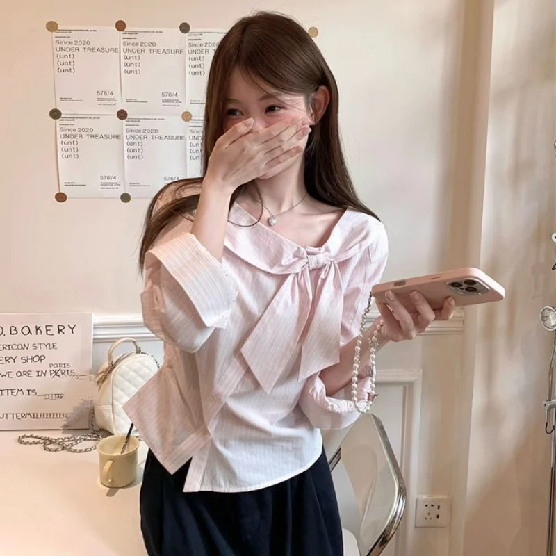 

Spring and Summer New Women's Shirt Top Korean Style Sweet Bow Irregular Design Cotton Slim Fit Long Sleeved Striped Shirt