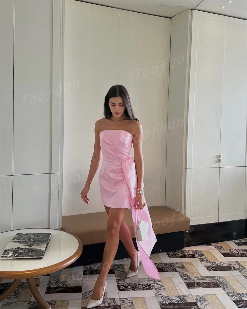 Toofgon Pink Mini Party Dresses Strapless Mermaid Wedding Party Dress Customized Pleats Women Prom Gown Short Evening Dresses