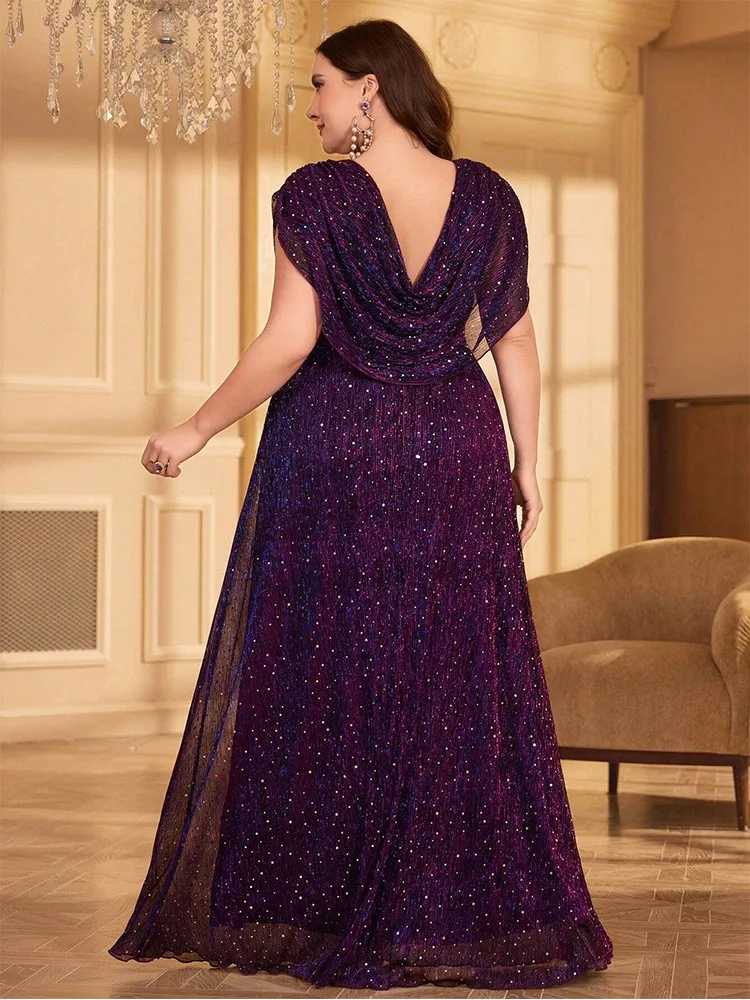 Plus Size V Neck Purple Polka Dot Shiny Evening Dress 4xl 5xl Big Size Big Size Sleeveless Banquet Party Evening Dress Women