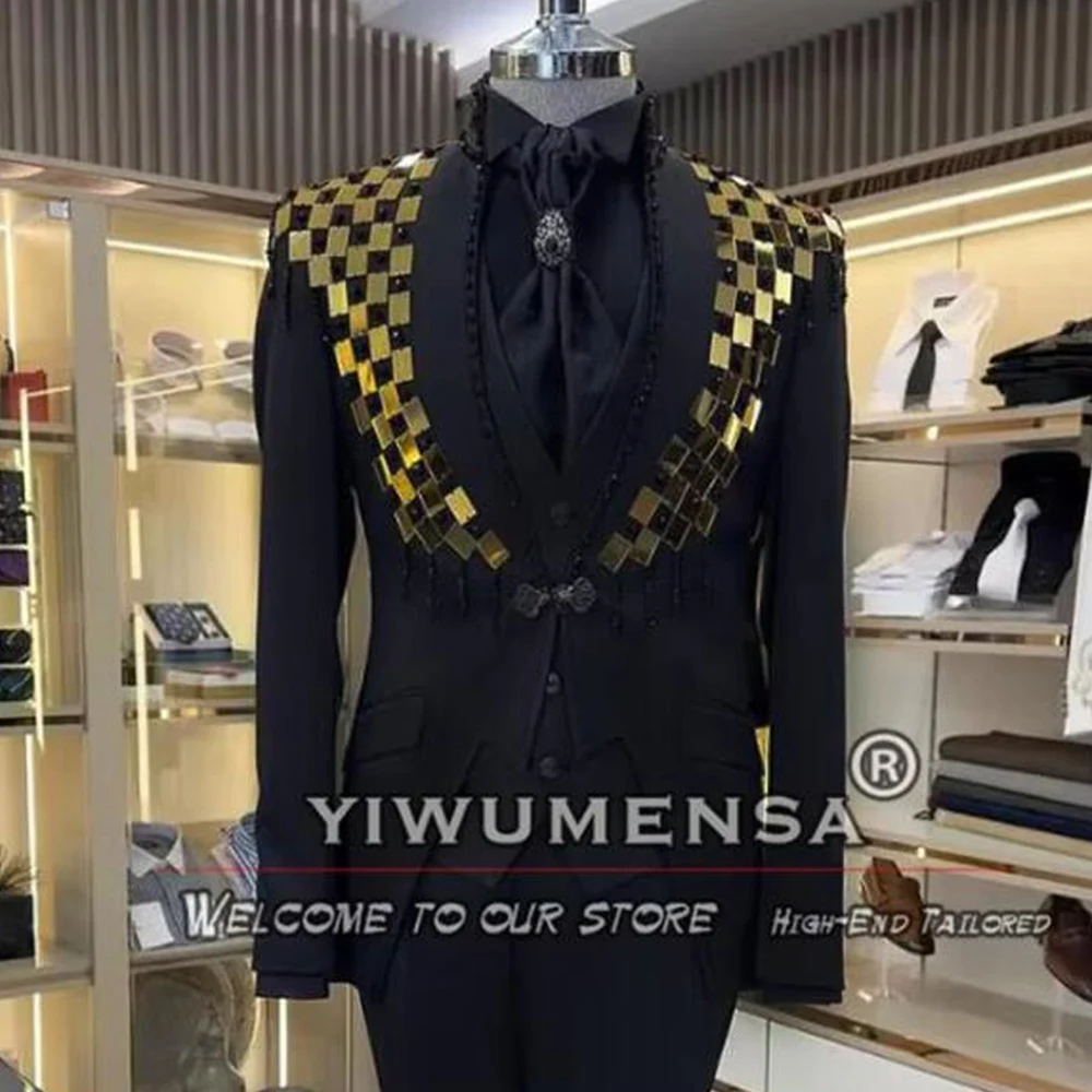 

Gold Beads Stones Groom Tuxedos 3 Pieces Men Suits Italian Design Evening Dinner Party Prom Blazers Customized Costume Homme