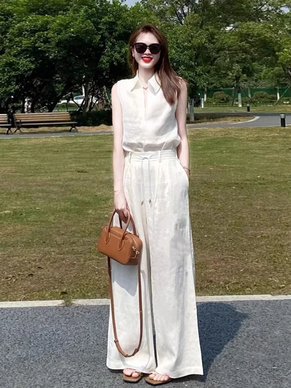 

White Casual Sleeveless Shirt Women's Fashion Design Loose Fit Polyester Fiber 2025 Summer New Style In-Style Top