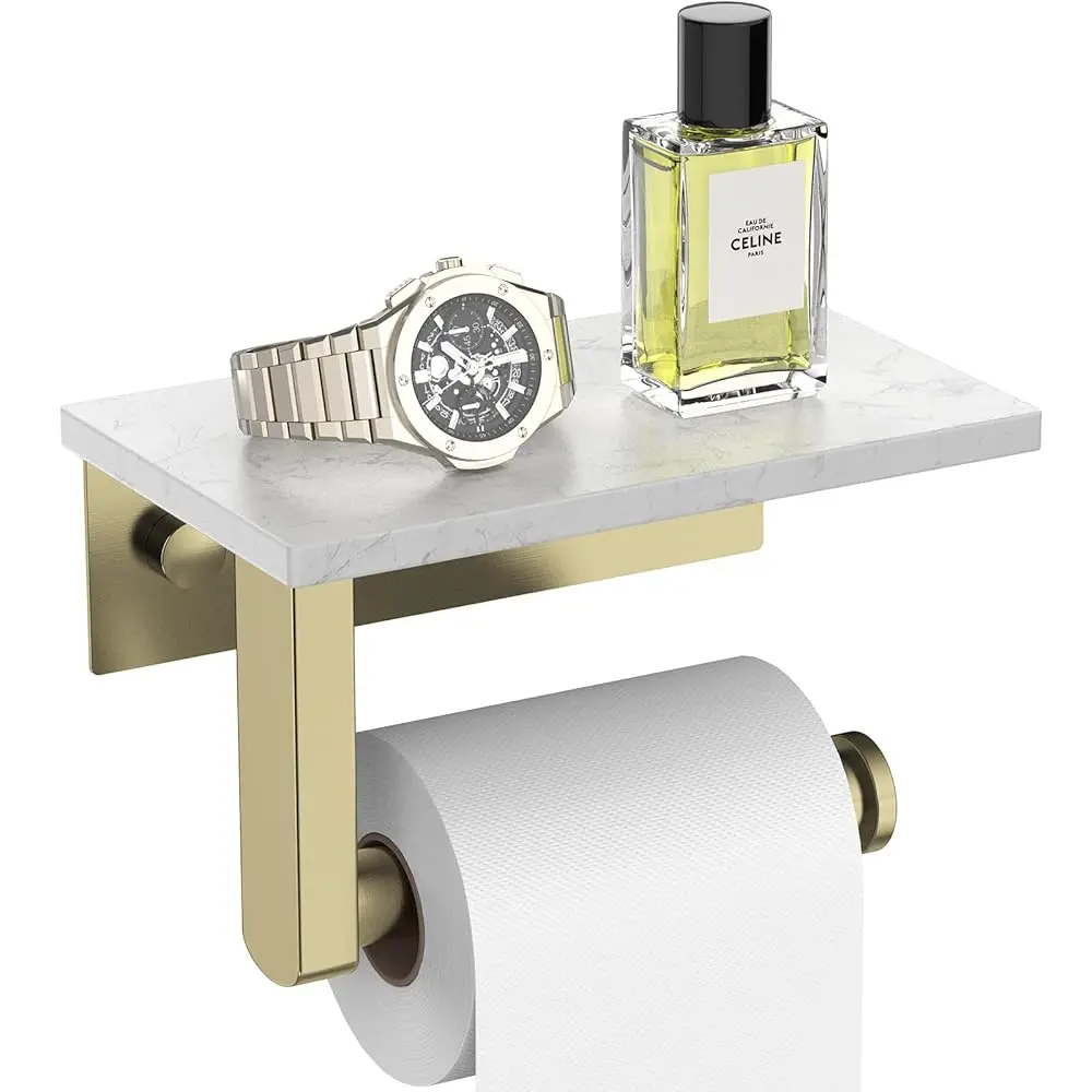 

Brushed Gold Toilet Paper Holder with Marble Shelf, Toilet Paper Roll Holder Wall Mounted, Toilet Paper Roll Holder