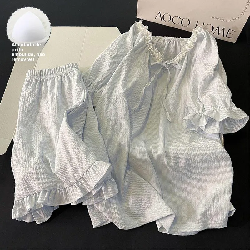 Conjunto de Pijamas de Algodão Puro para o Verão, Roupas Casuais Femininas de Manga Curta com Almofada no Peito, Renda Doce, ...