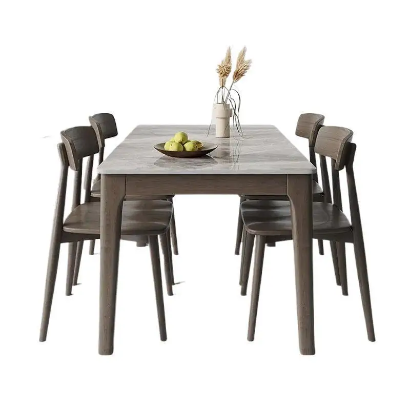 tp- Light Luxury Style Sintered Stone Dining Table Marble Top Wood Legs Walnut Finish 6-Seater Small Size Assembly Required@