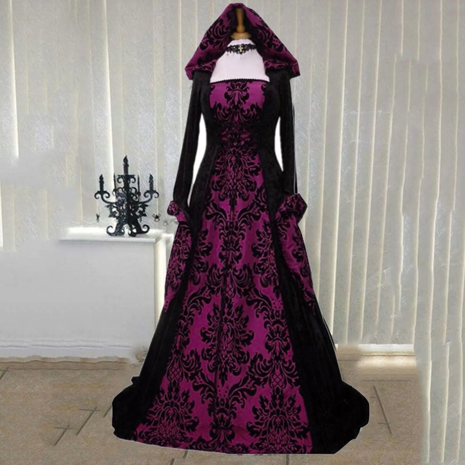 Vintage Retro Gothic Emboridered Hooled Long Sleeve Hooded A-line Dress Fashion Large Swing Cosplay Long Gown Dresses For Ladies