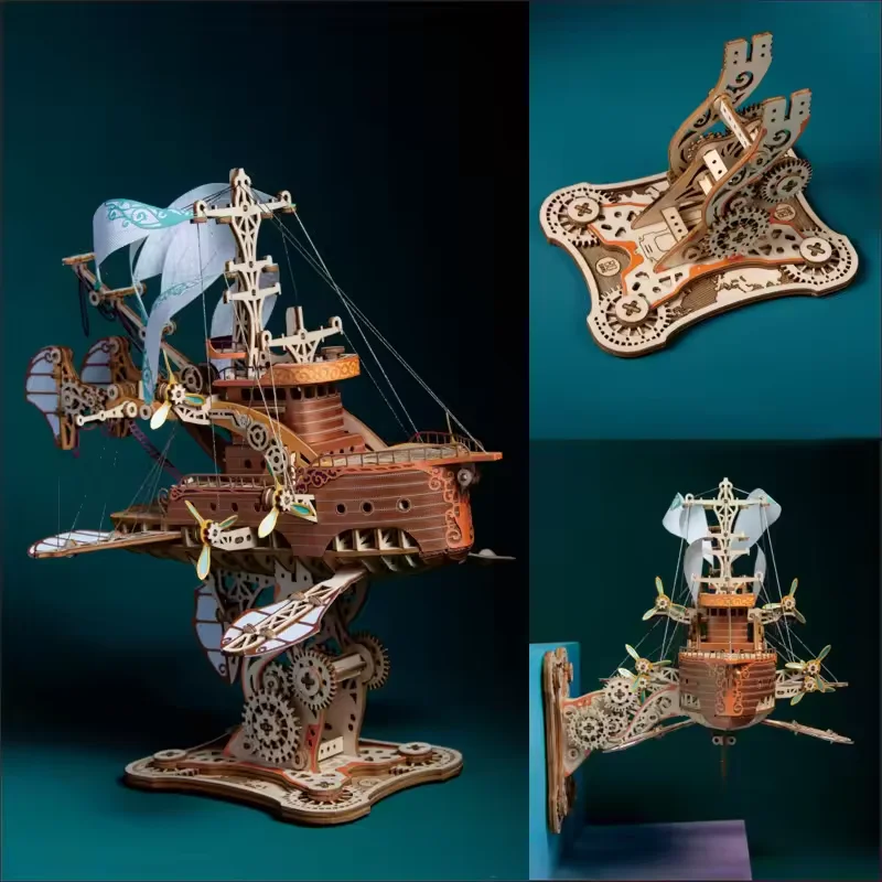 Steampunk DIY 3D 나무 퍼즐 421pcs 환상적인 우주선 모델 빌딩 블록 키트 어린이를위한 조립 퍼즐 장난감 성인 선물