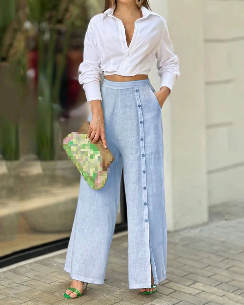 Women's Suit 2024 Trendy Autumn Fashion Casual Design Sense Solid Color Lapel Shirt Top Loose Delicate Women Pants Two-piece Set