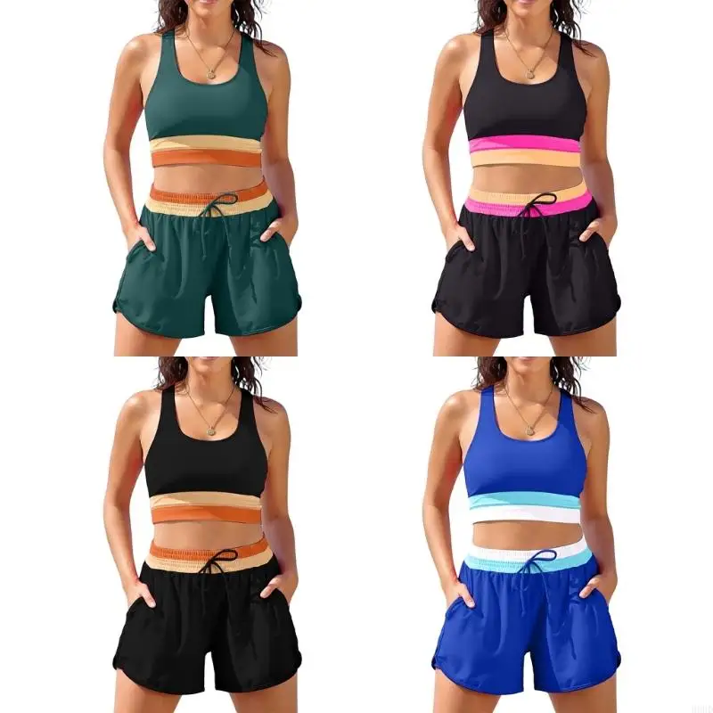 Elegantes Badeshorts-Set, zweiteilig, flexibler Badeanzug, Polyester-Textur, hohe Taille, geeignet zum Sonnenbaden und 69HD – Detail 1