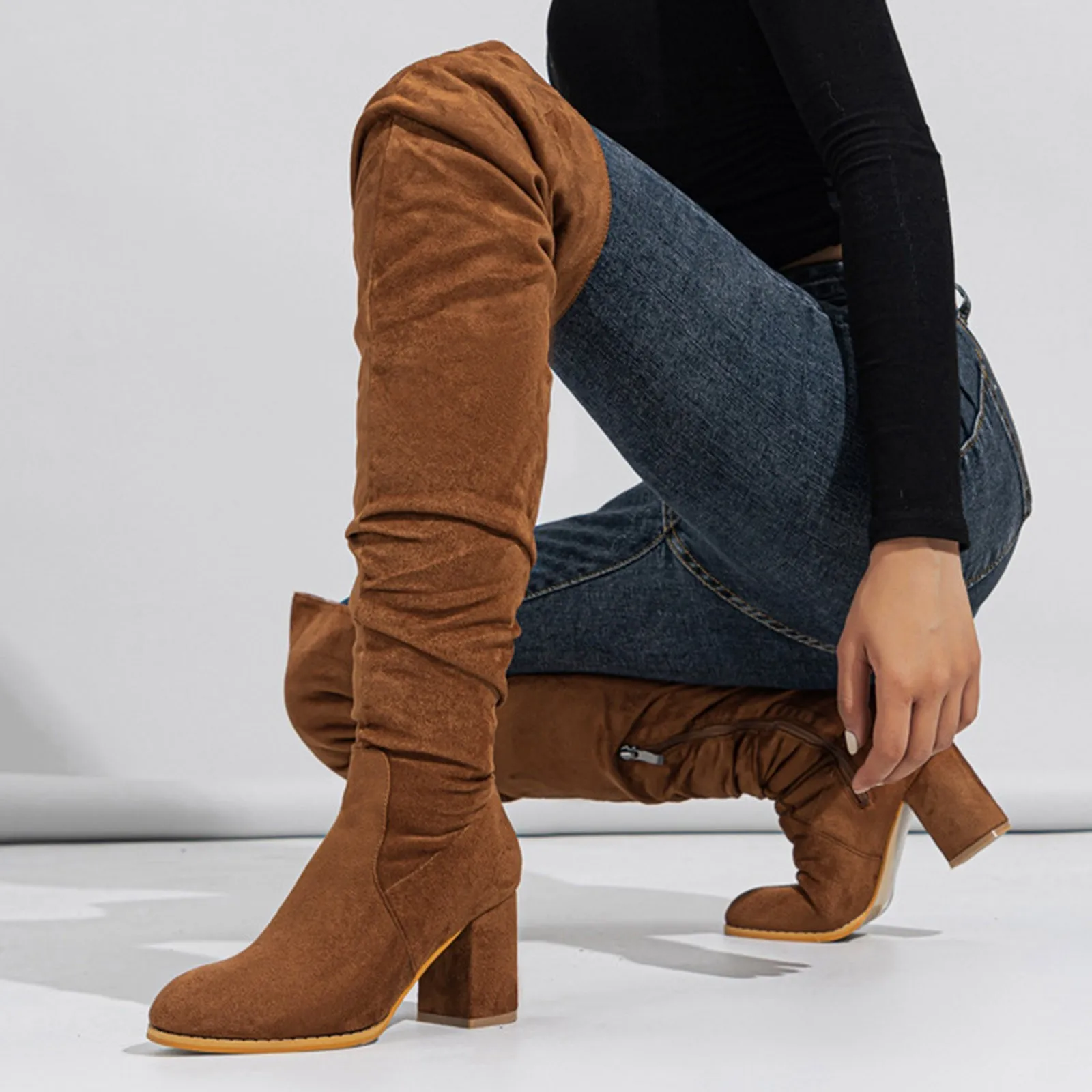 المرأة منتصف العجل الأحذية الجلد المدبوغ طول الركبة الأحذية كعب عالي مكتنز مطوي تصميم أحذية طويلة غير رسمية أحذية الشتاء الموضة #1