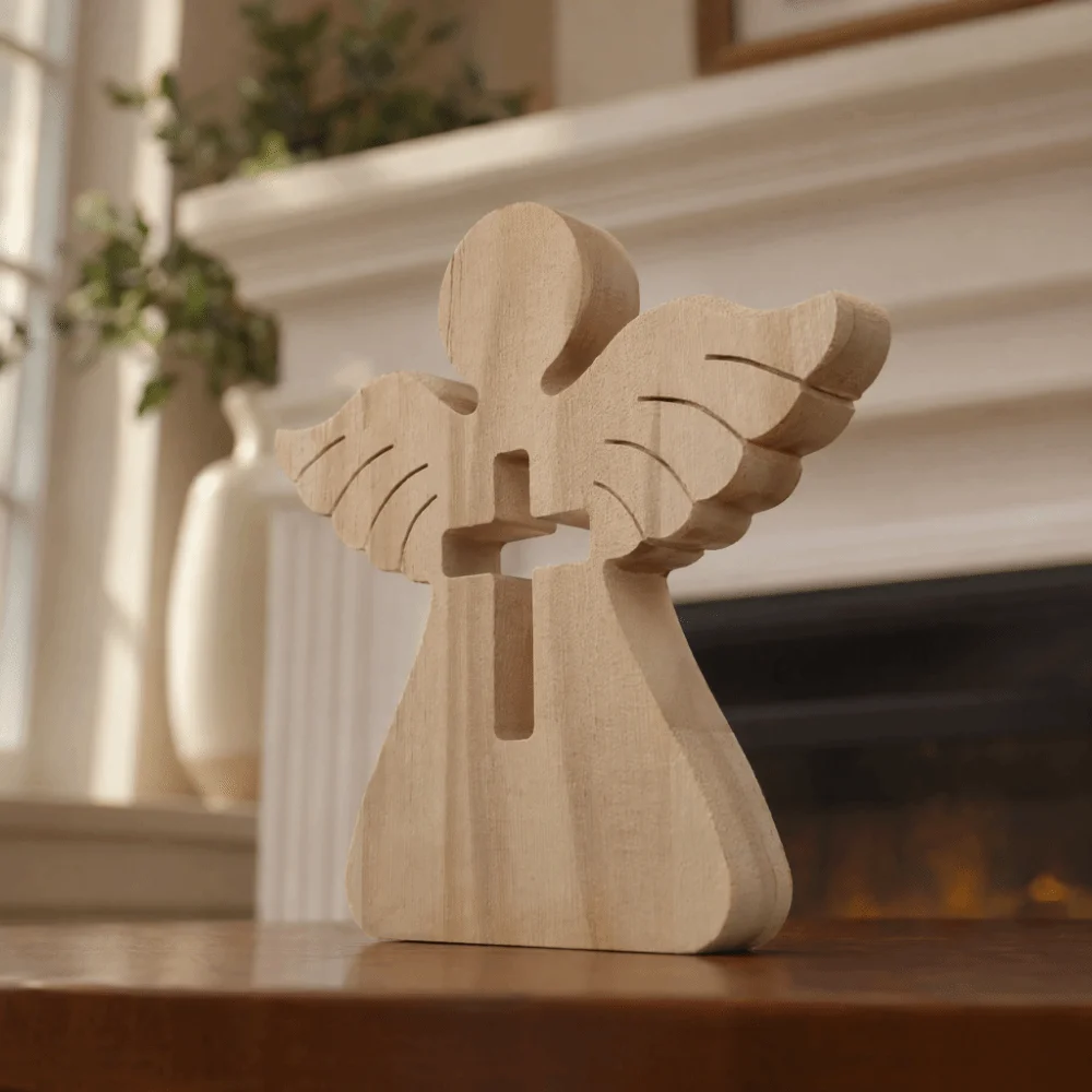 Wooden Hollow Cross Wooden Angel Tabletop Ornament 5.91x0.79in Light Brown Baptism Themed Wooden Desktop Figurine