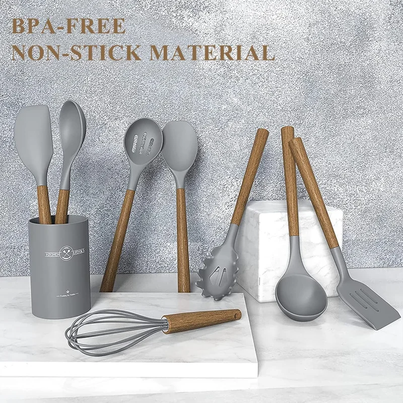 Silicone Kitchen Cooking Utensil Set, 9Pcs Kitchen Utensils Spatula Set with Wooden Handle Nonstick Cookware, 446 °F Heat Re