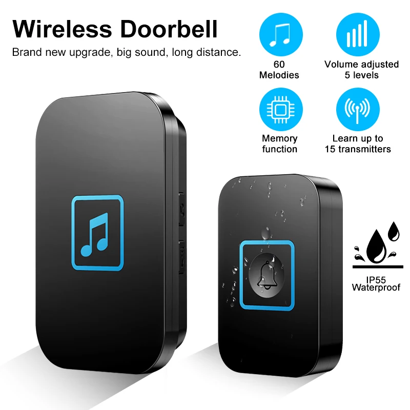 Intelligent Wireless Doorbell 300M Range 5-Volume Outdoor Waterproof Doorbell Samrt Home Welcome Door Chime Kit EU US Plug