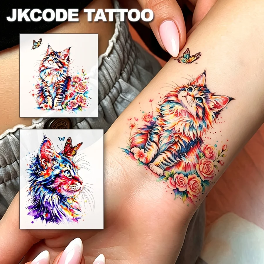 2-Pack of Realistic Rainbow-Colored Cute Maine  Cat Tattoo Stickers, Fashionable Pet Tattoo Stickers, Colorful Cat Tattoos, Sweet and Cool Tattoos for Women, Simple, Cute, and Quirky Colorful Printed Tattoo Stickers, Can Last for 3-5 Days