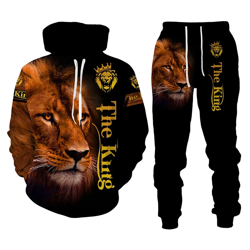 Spring Autumn  3D The Lion King Printed Men\'s Hooded Sweater Set Men\'s Sportswear Tracksuit Long Sleeve Men\'s Clothing Suit