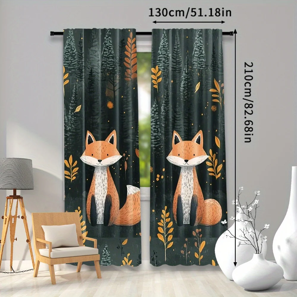 2PCS Digital Print Curtains, Dark Forest Fox, Gothic Mysterious