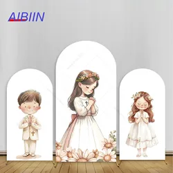 My Baptism Arch Backdrop Cover White Background Sweet Beige Girl or Boy First Holy Communion God Bless Party Decor Photozone