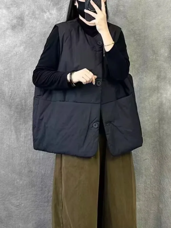 

Жилет в стиле ретро, женский повседневный теплый хлопковый жилет, свободный крой, большие размеры, осенне-зимняя верхняя одежда, круглый Ne Single B...