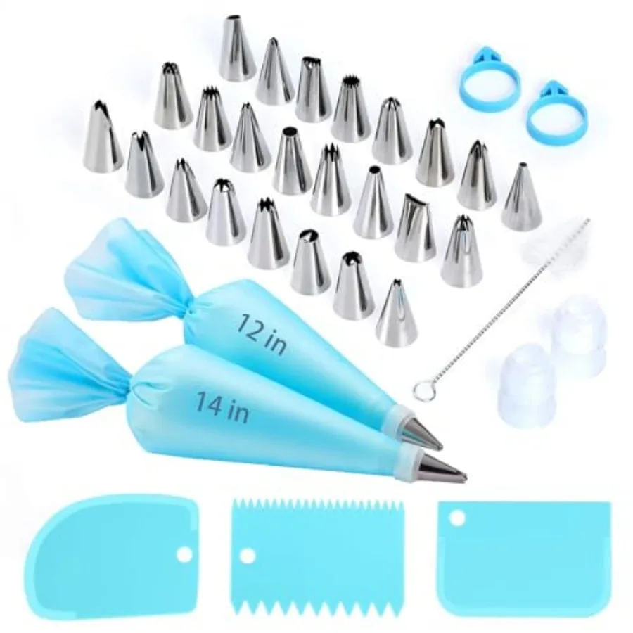 Piping Bags and Tips Set, Reusable Cake Decorating Kit with 24 Stainless Steel Icing Tips, 2 Reusable Silicone Piping Bags, 2 C