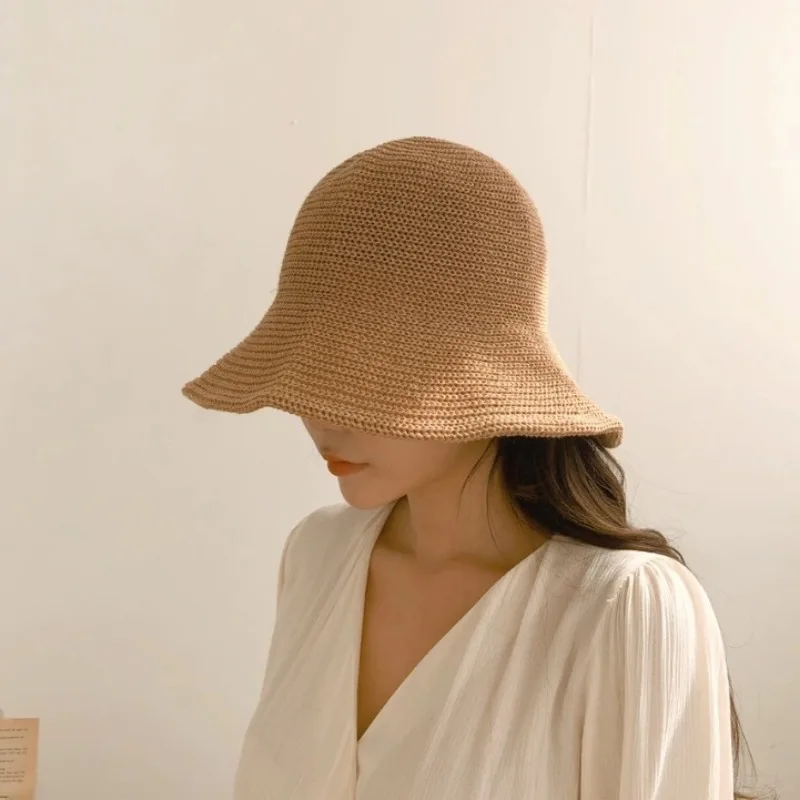 Korean Summer Breathable Solid Color Bucket Hat Women's Outdoor Straw Woven Literary Temperament Big Eaves Foldable Sun Cap