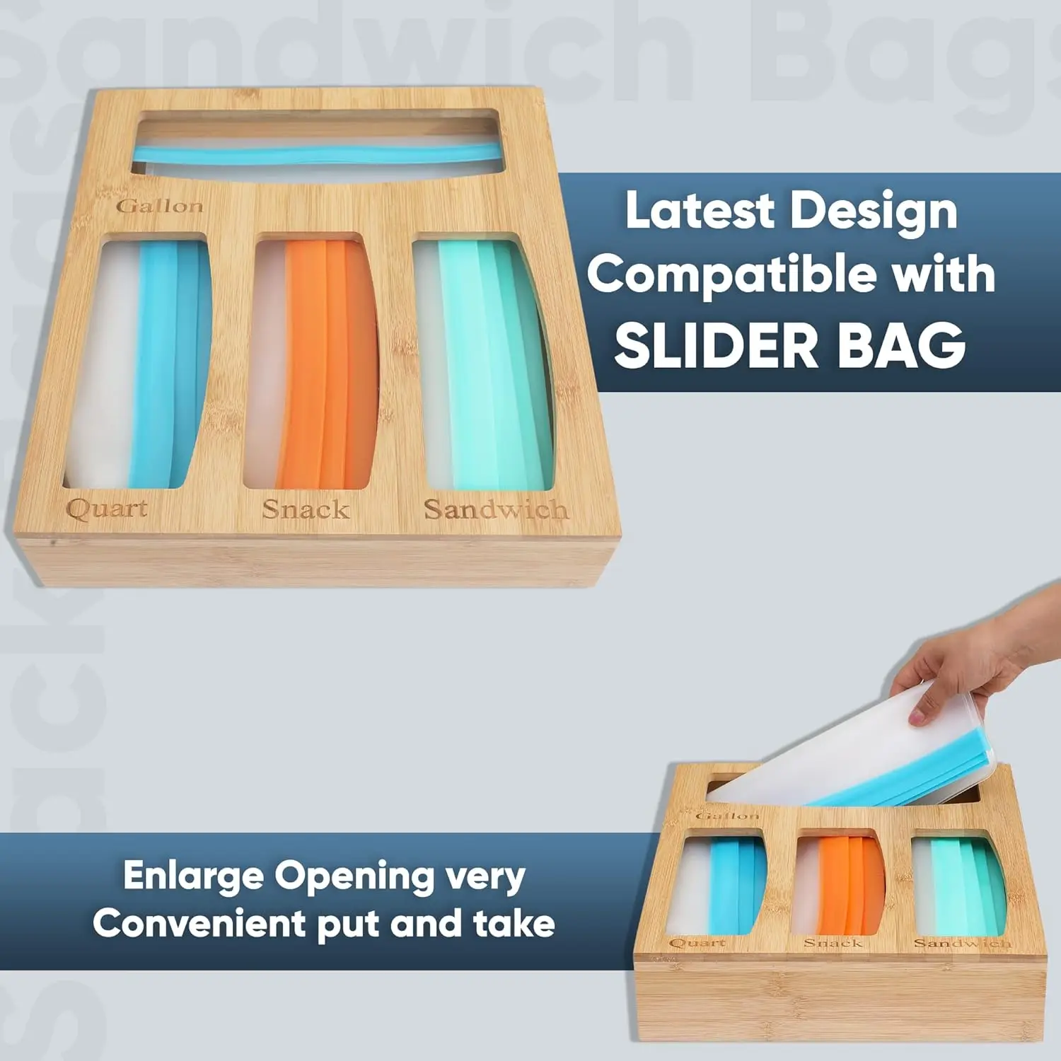 Ziplock Bag Storage Organizer for Kitchen Drawer Large Capacity Bamboo Bag Organizer for Gallon Quart Sandwich Snack Bags