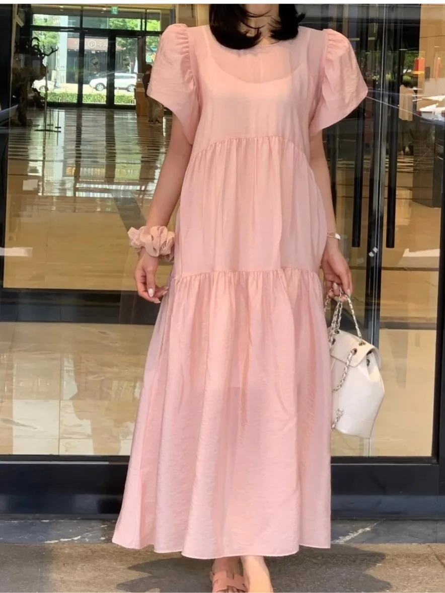 فستان نسائي صيفي جديد بأكمام فقاعية بنفسجية اللون، تصميم أنيق وفضفاض، مصنوع من البوليستر بنسبة 00٪