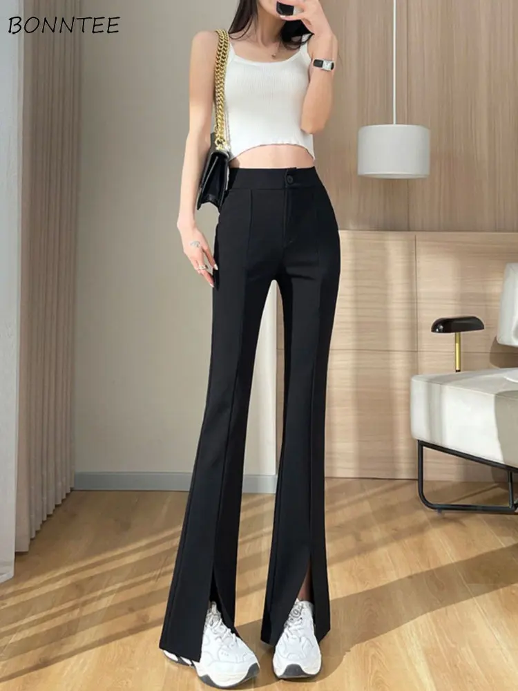 

Black Flare Pants Women Slit Casual High Waist Elegant Slim Korean Style Streetwear Summer New Design Chic Fashion All-match Ins