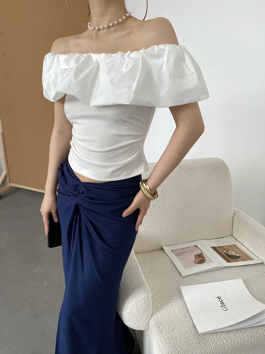 

AcupStudio Jiangyou ang Sexy One-oulder oulder-Bared Design Lace Trim High-Waisted Slim-Fit Top Commute Sle ort Sve