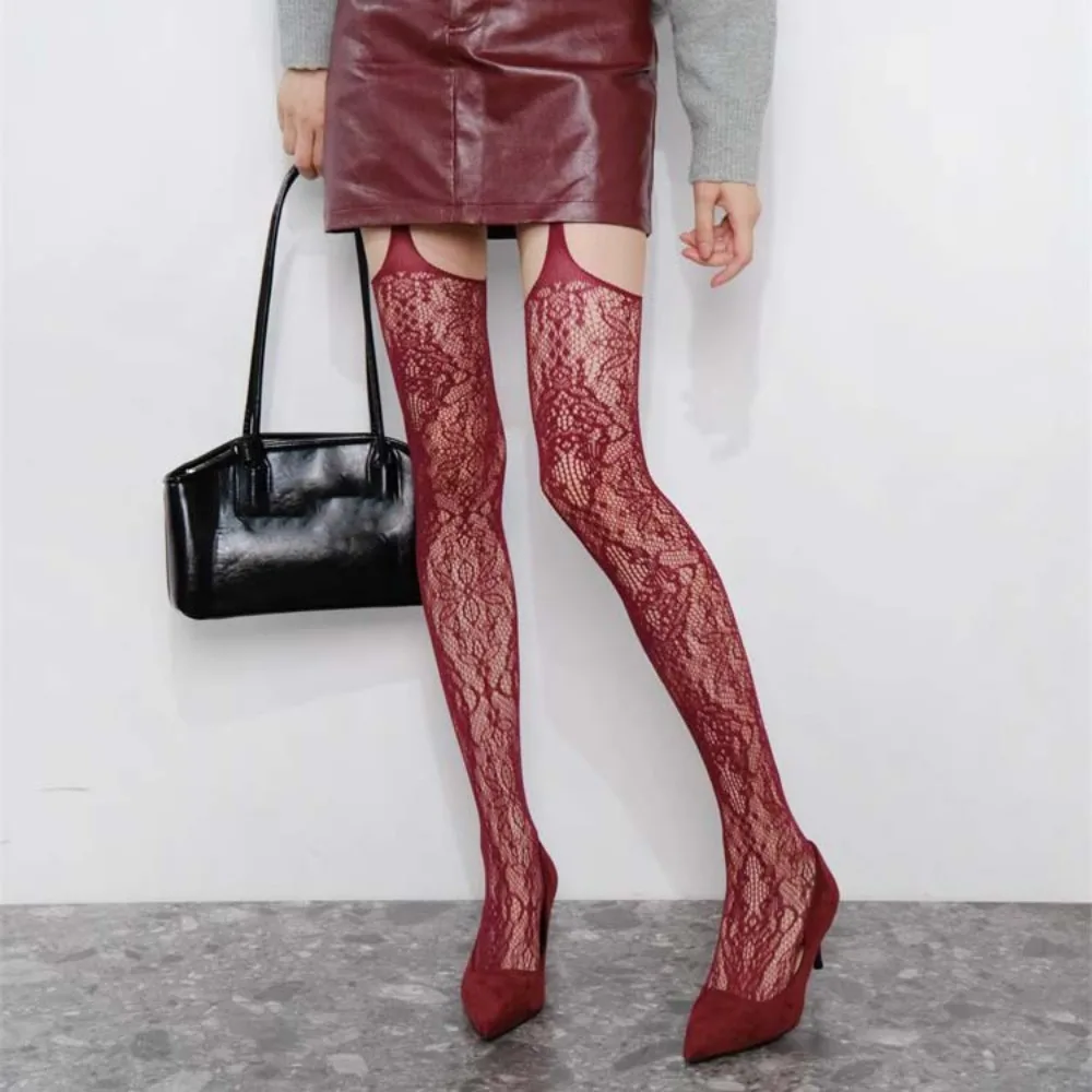 

Transparent Mesh Flower Long Tights Irregular Lolita JK Style Mesh Pantyhose Hollow Ultra-thin Lace Suspender Stockings Summer