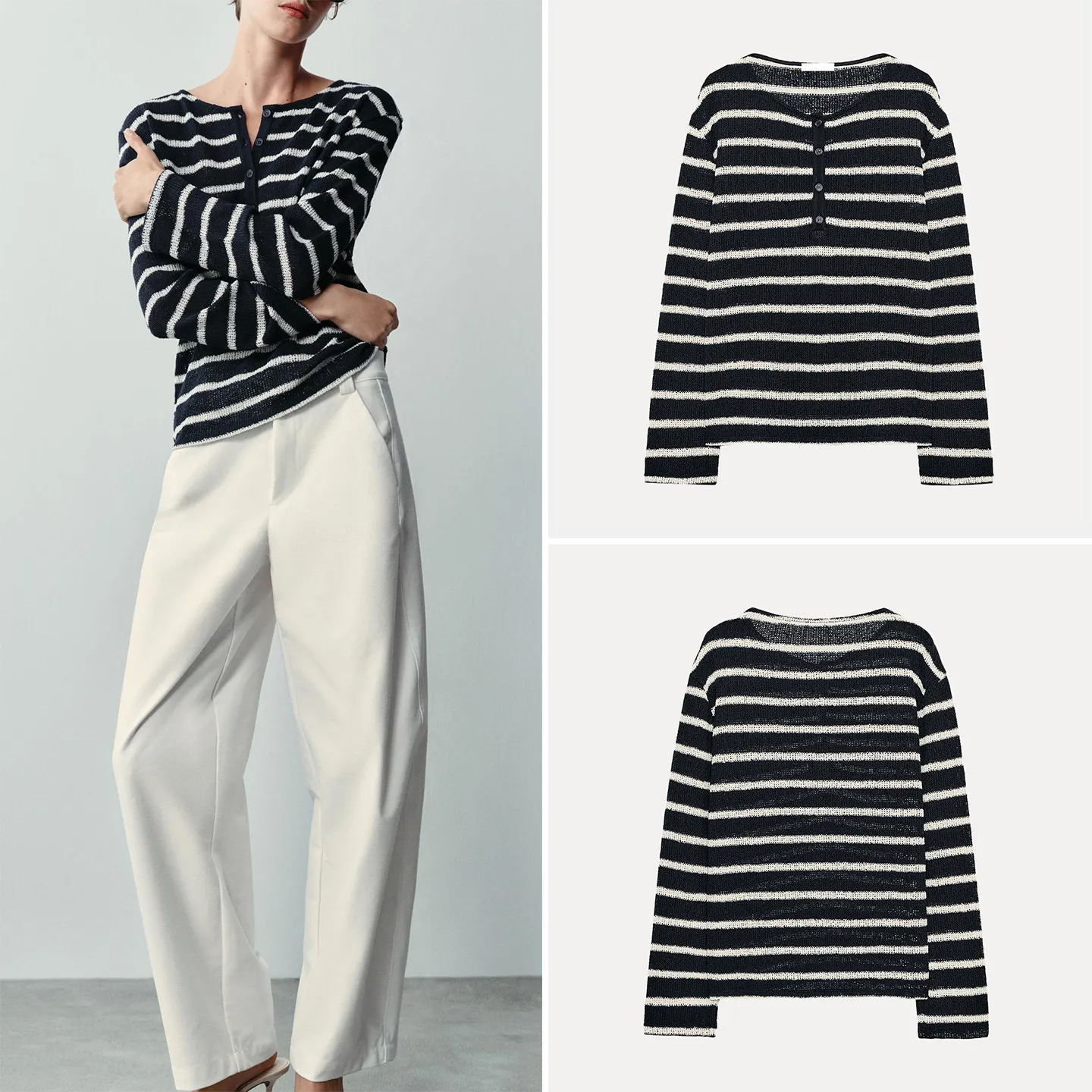Women's Casual Style Long Sleeve Striped T-shirt Button up Small Collar Loose Fit Autumn Fashion Straight Leg Clothing